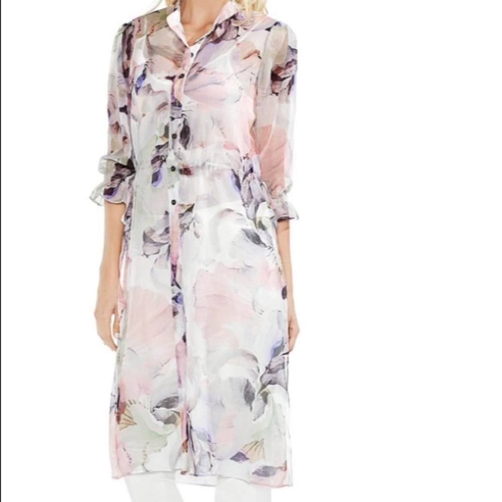 vince camuto sheer floral print tunic